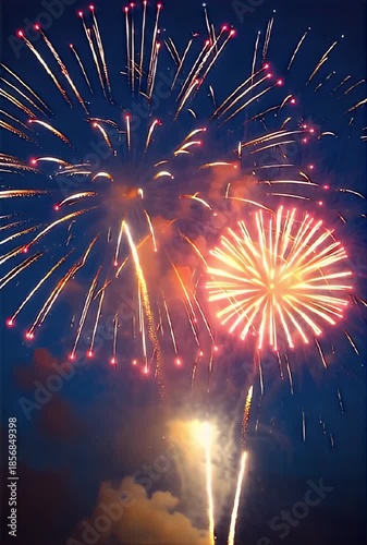Celestial Ignition: Golden Fireworks Bursting Over Midnight Sky