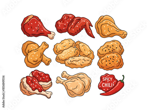 Assortment of Crispy Fried Chicken Pieces and Spicy Chili Illustration