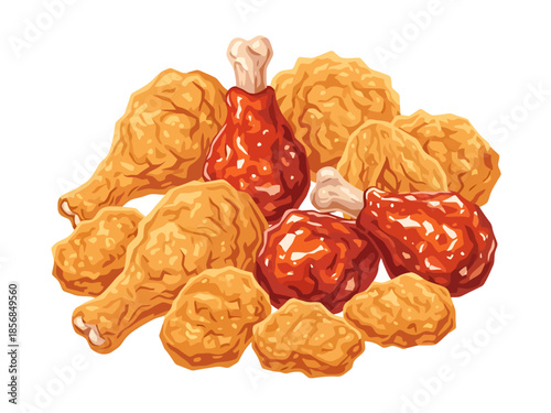 Assortment of Crispy Fried Chicken Pieces and Wings Coated in Glaze for a Meal