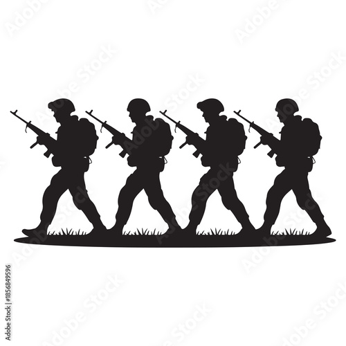 Soldier Marching Icon – Military Silhouette, Rifle, Unity, Army, Discipline Symbol