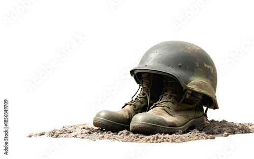 military boots and helmet on a transparent background