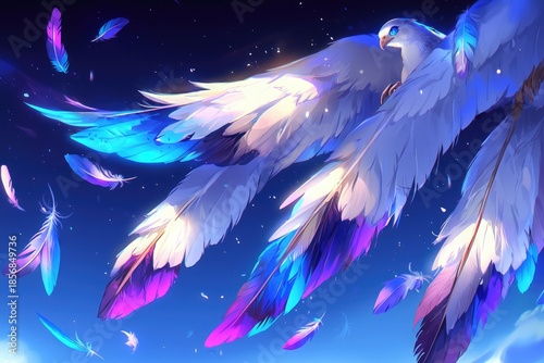 Colorful white bird flying in starry blue sky with glowing feathers and bright anime style for game illustration
