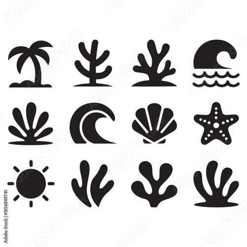 Beach & Ocean Icons Set – Tropical Silhouettes, Marine Life, Water, Sun, Coral Symbols