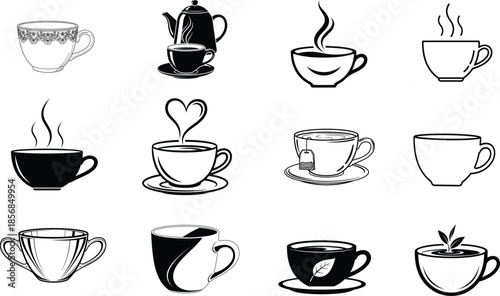 Collection of hand drawn coffee cup illustrations in black and white .