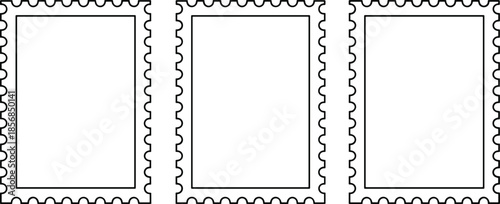 Set of three minimalist postage stamp frame outlines with serrated edges for travel branding and vintage correspondence design.