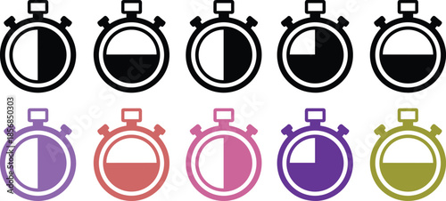 Set of ten stopwatch icons in black and multi-colored styles featuring time interval shading for productivity and fitness apps.