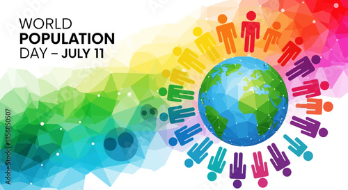 World Population Day Concept: Diverse People Circle Earth on Colorful Abstract Background