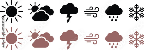 Set of 12 weather icons in black and brown featuring sun clouds storm wind rain and snow symbols for forecasting and travel apps.