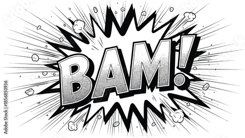 Black and white comic book explosion burst with the word BAM and debris text lettering