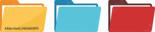 Set of three colorful flat folder icons in orange blue and red for digital file organization and document management.