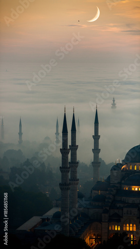 Mosque Minarets At Dawn With Crescent Moon ramadan