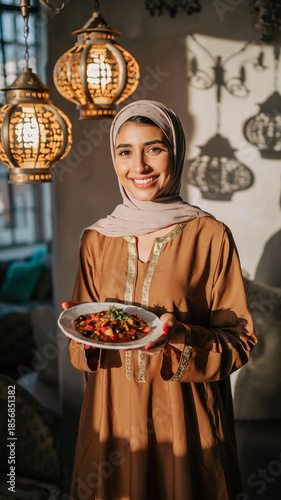 Muslim Woman Serving Iftar Meal At Home