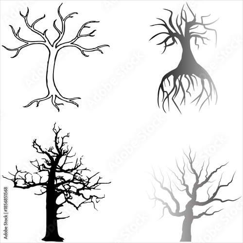 This vector illustration set features a black tree silhouette with roots and a detailed oak trunk, showcasing artistic floral designs