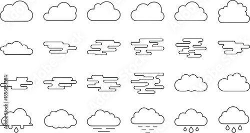 Set of 24 minimalist cloud icons in line art style featuring fluffy weather and fog symbols for forecasting and cloud computing design.