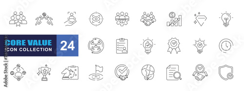 collection of core value icons, editable stroke.	
