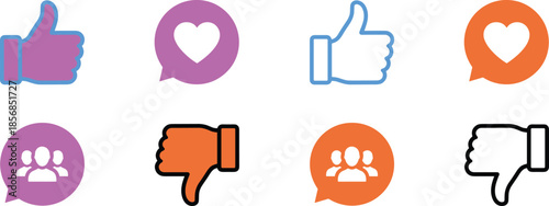 Set of eight social media interaction icons featuring thumbs up thumbs down and heart speech bubbles in purple orange and blue.