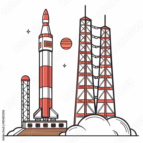 A stylized illustration depicts a rocket launching from a launchpad near tall tower structures and a planet