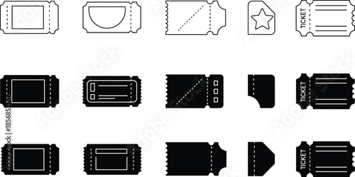 Set of 15 ticket and admission stub icons in line art and solid silhouette styles for events, movies, and travel.