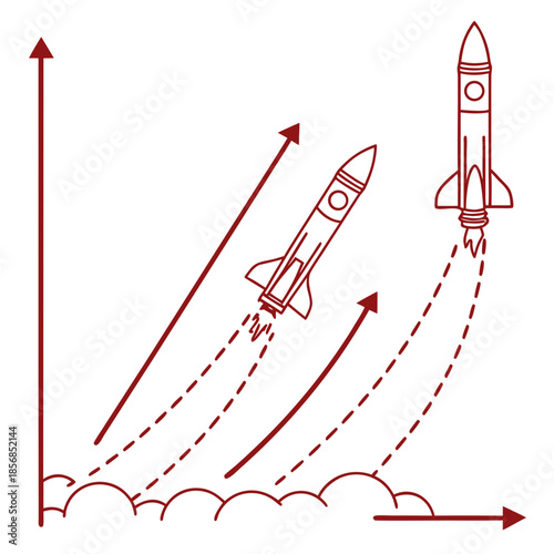 Illustration depicts multiple rockets launching upwards with varying trajectories and smoke trails representing growth and progress