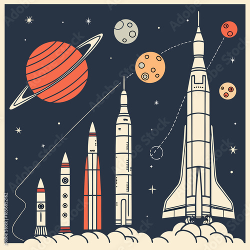 A retro space exploration illustration depicts rockets launching towards planets and moons in a starry nightscape