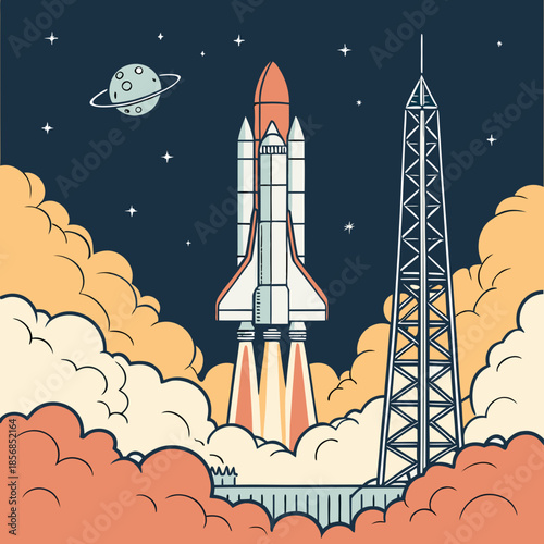 A retro style illustration depicts a space shuttle launching with flames a launch tower and a planet in space