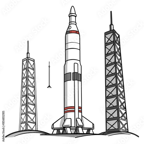 A detailed illustration depicts a rocket poised for launch amidst tall launchpad towers and a green landscape