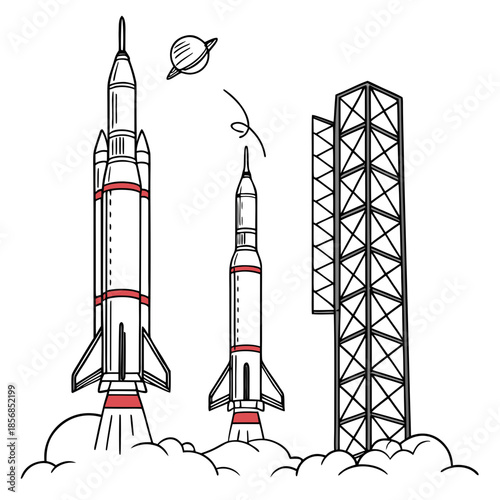 A detailed illustration depicts a rocket launch sequence with two rockets ascending from a launchpad structure