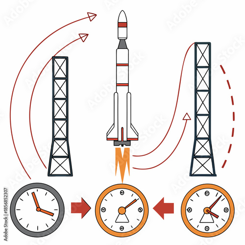 A rocket launching upwards from a launchpad illustrated with time progressing and an orbital path shown above