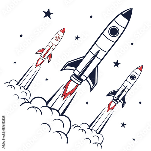 Three rockets launching into space with fiery trails and scattered stars a cheerful illustration of space exploration