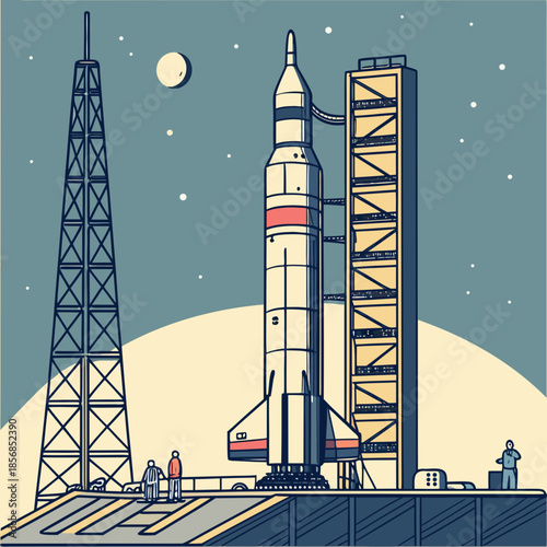 A stylized illustration depicts a rocket on a launchpad with a gantry and tower set against a night sky with