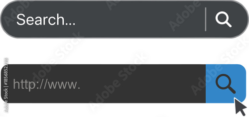 Set of web search bar and browser address bar icons with magnifying glass and mouse cursor for internet navigation design.