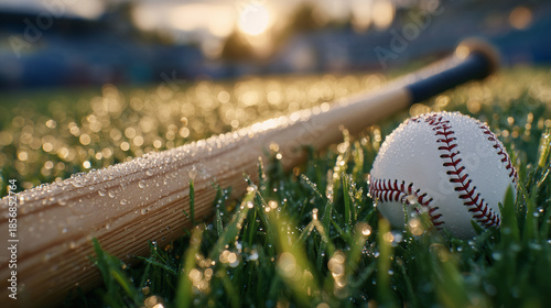 Low-angle close-up of a baseball bat lying in green grass next to a bright white baseball, morning dew clinging to blades of grass, soft golden sunrise light, calm pre-game moment