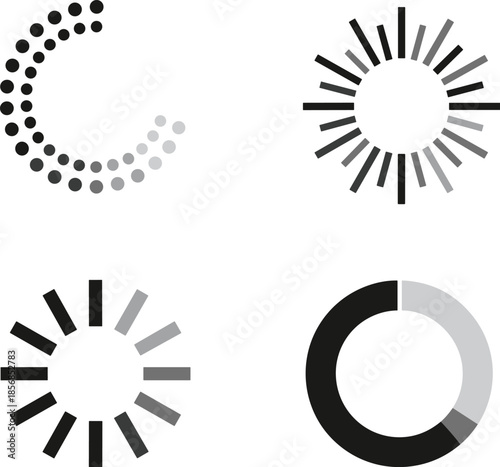 Set of four minimalist loading and progress indicator icons featuring dotted sunburst dash and solid circular spinner styles.