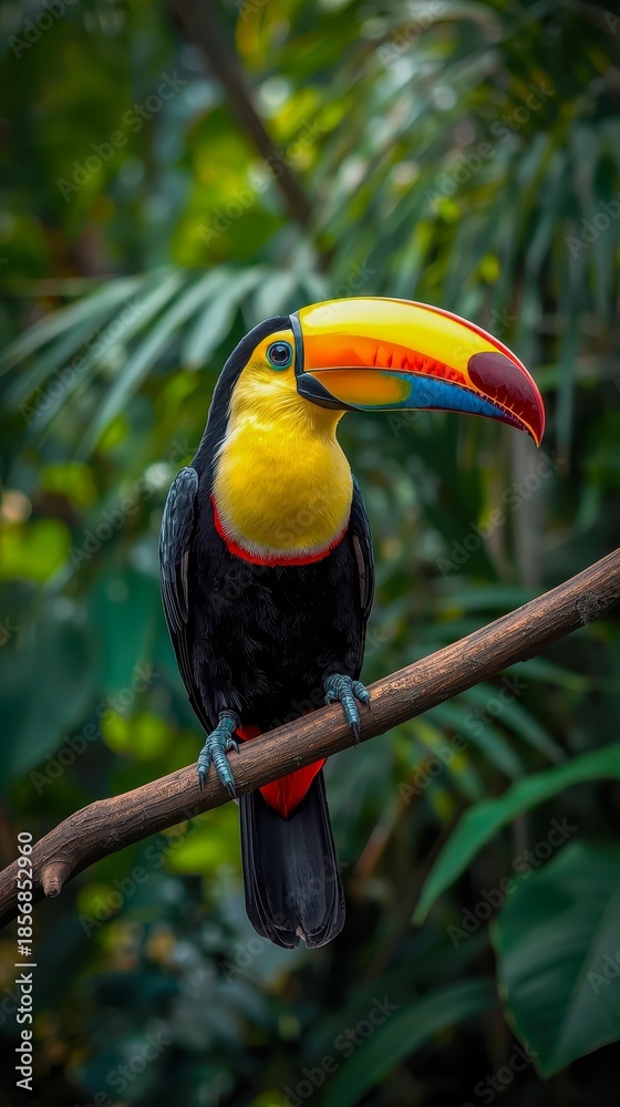 Obraz premium A vibrant toucan perched on a branch surrounded by lush green foliage. The bird has a bright yellow chest, black body, and a large colorful beak.