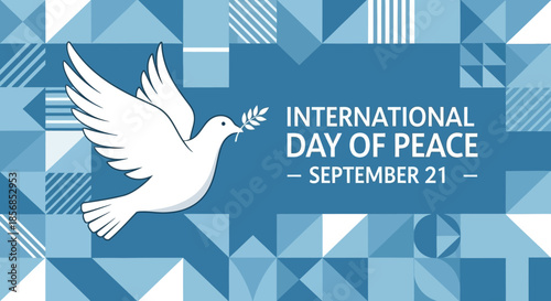 White Dove with Olive Branch - International Day of Peace September 21 - Blue Geometric Background