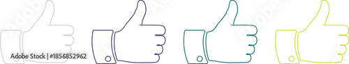 Set of four thumbs up line art icons in grey, navy, teal, and lime green for social media likes and positive user feedback.