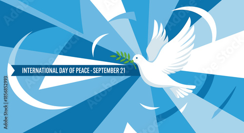 Dove of Peace with Olive Branch Flying Against Abstract Blue Background for International Day of Peace