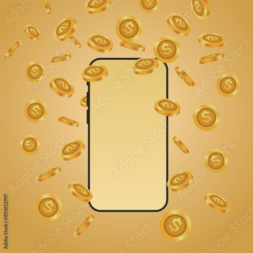 Earning and spending points and cash through a smartphone, coin falling 