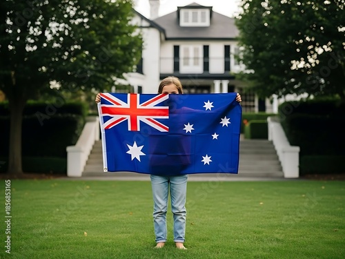Young girl holding australian flag in front of house