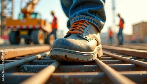 Close-up of a work boot stepping on metal rebar at a construction site. Workers in the background are wearing safety gear. The scene emphasizes construction and safety.