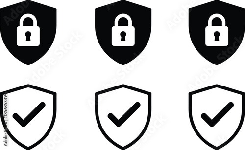 Set of six security icons featuring solid shields with padlocks and outlined shields with checkmarks for data protection and safety.