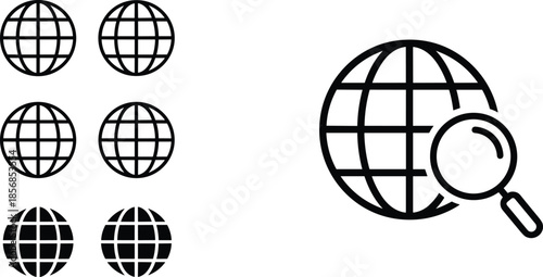 Set of globe icons and global search magnifying glass vector illustration for international discovery and worldwide research.