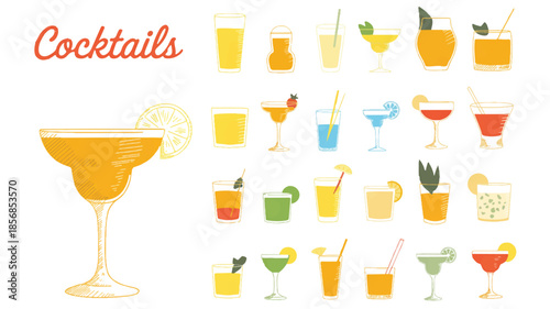Creative cocktail sketch illustration set in grid format, colorful mixed drinks, loose line art, artistic splatter accents, trendy beverage artwork