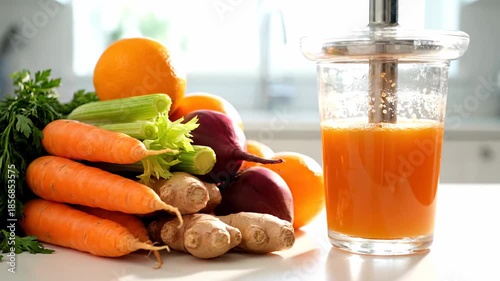 Freshly squeezed orange juice in a glass, surrounded by healthy carrots, celery, ginger, and beets on a bright kitchen counter.