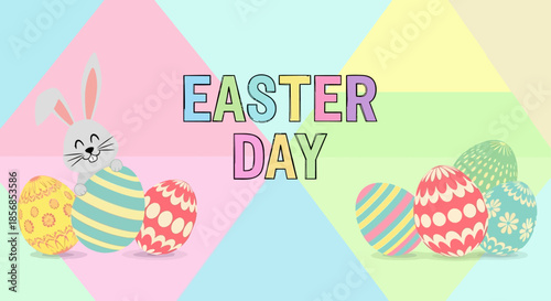 Happy Easter Day Bunny with Colorful Eggs on Pastel Geometric Background