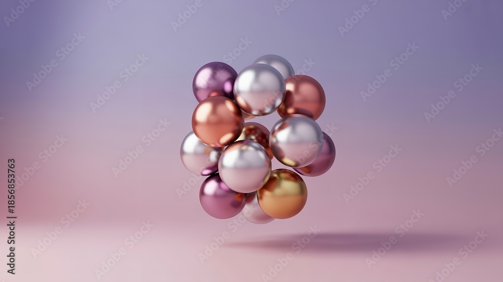 Fototapeta premium Spheres cluster with silver, bronze, and lilac reflections
