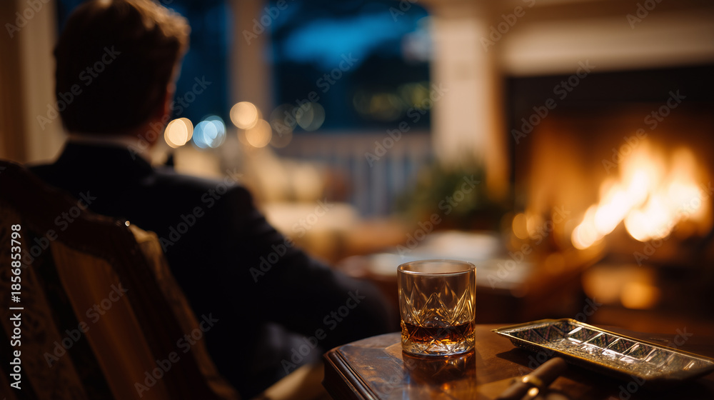Fototapeta premium Close-up from behind the chair of a manâs silhouette, fireplace glowing softly, ashtray with smoldering cigar and glass of dark liquor in focus, cinematic shallow depth of field, m