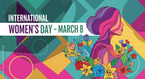 International Women's Day March 8 Graphic with Woman Silhouette and Flowers