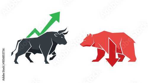 Minimal flat vector icon set representing bull and bear market trends