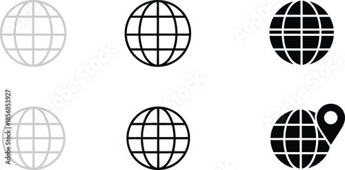 Set of six globe and location icons featuring wireframe and solid earth silhouettes with a map pin marker on white background.